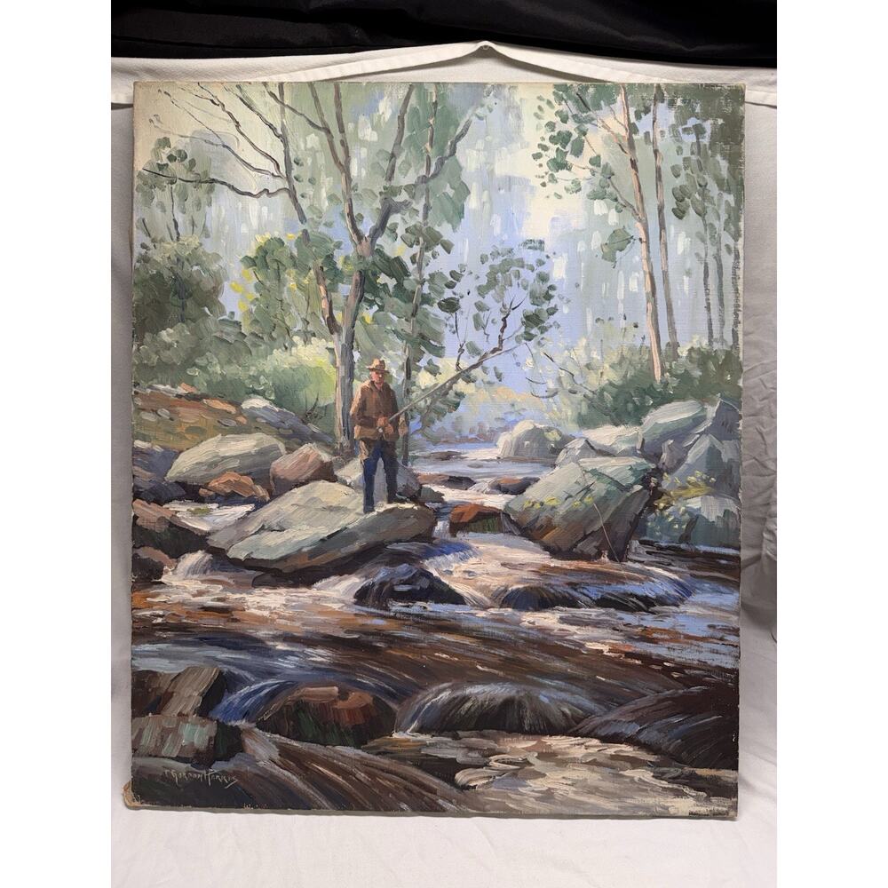 Charles Gordon Harris Painting Man Fishing New England River 30” X 25” Vintage